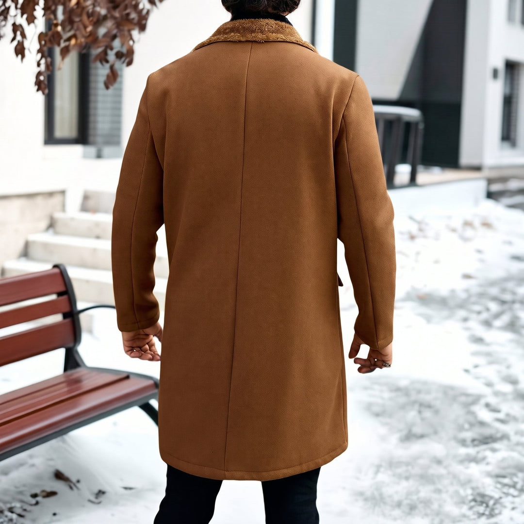 Caban long hiver homme, col fourrure croisé double boutonnage