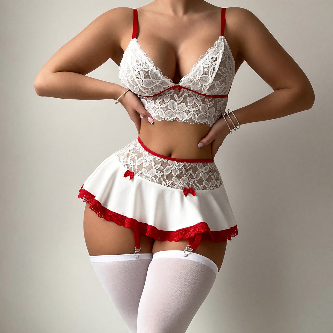 Ensemble lingerie sexy transparente femme, porte jarretelles nœud