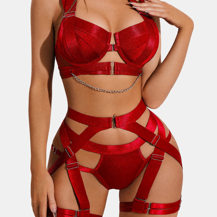 Ensemble lingerie sexy harnais femme, satin porte jarretelles