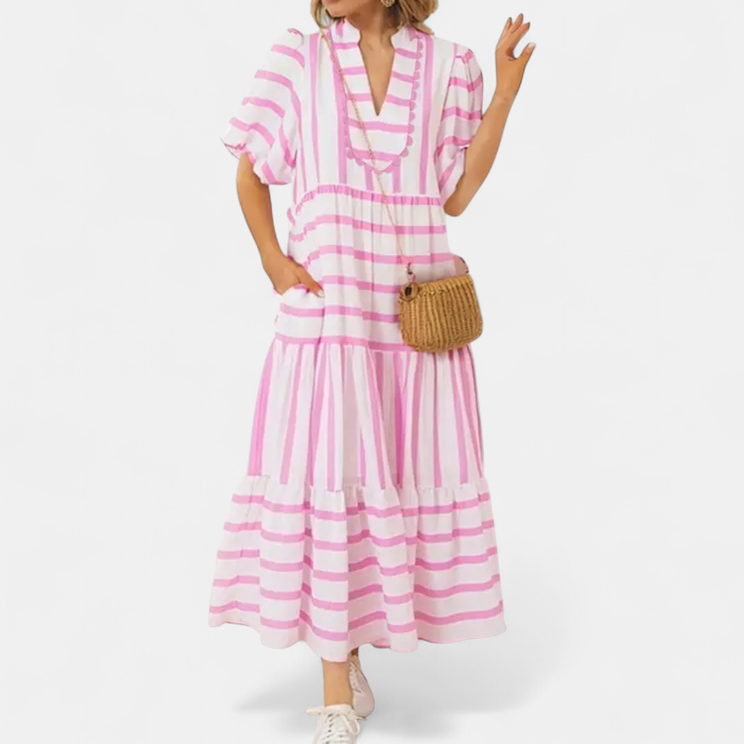 MARINA | Striped Ricrac Trim Flowy Dress