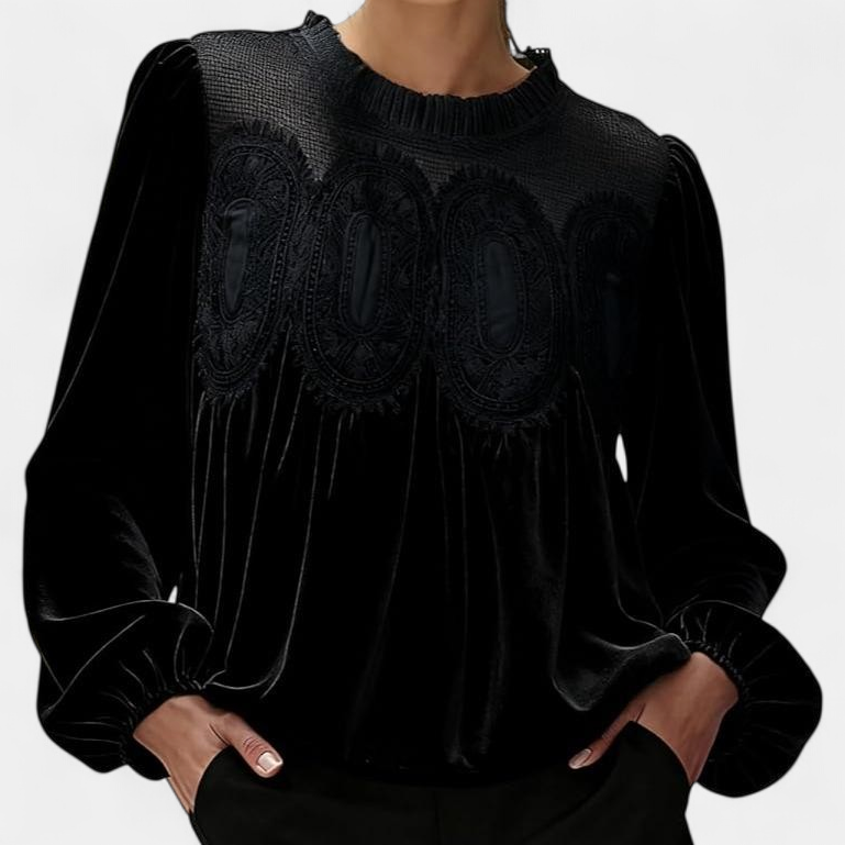 ISABELLA | Women Velvet Trim Lace Flared Blouse Top