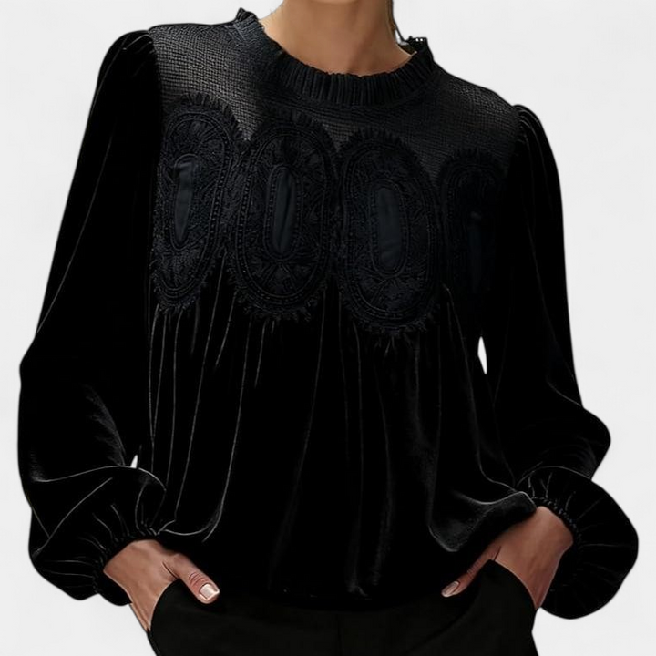 ISABELLA | Women Velvet Trim Lace Flared Blouse Top