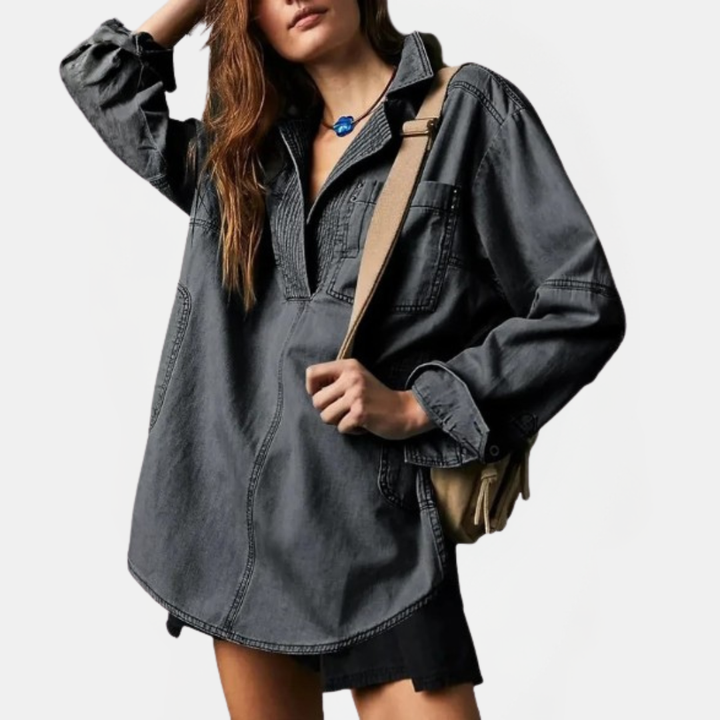 Women's Oversized V-Neck Long Sleeve Denim Shirt