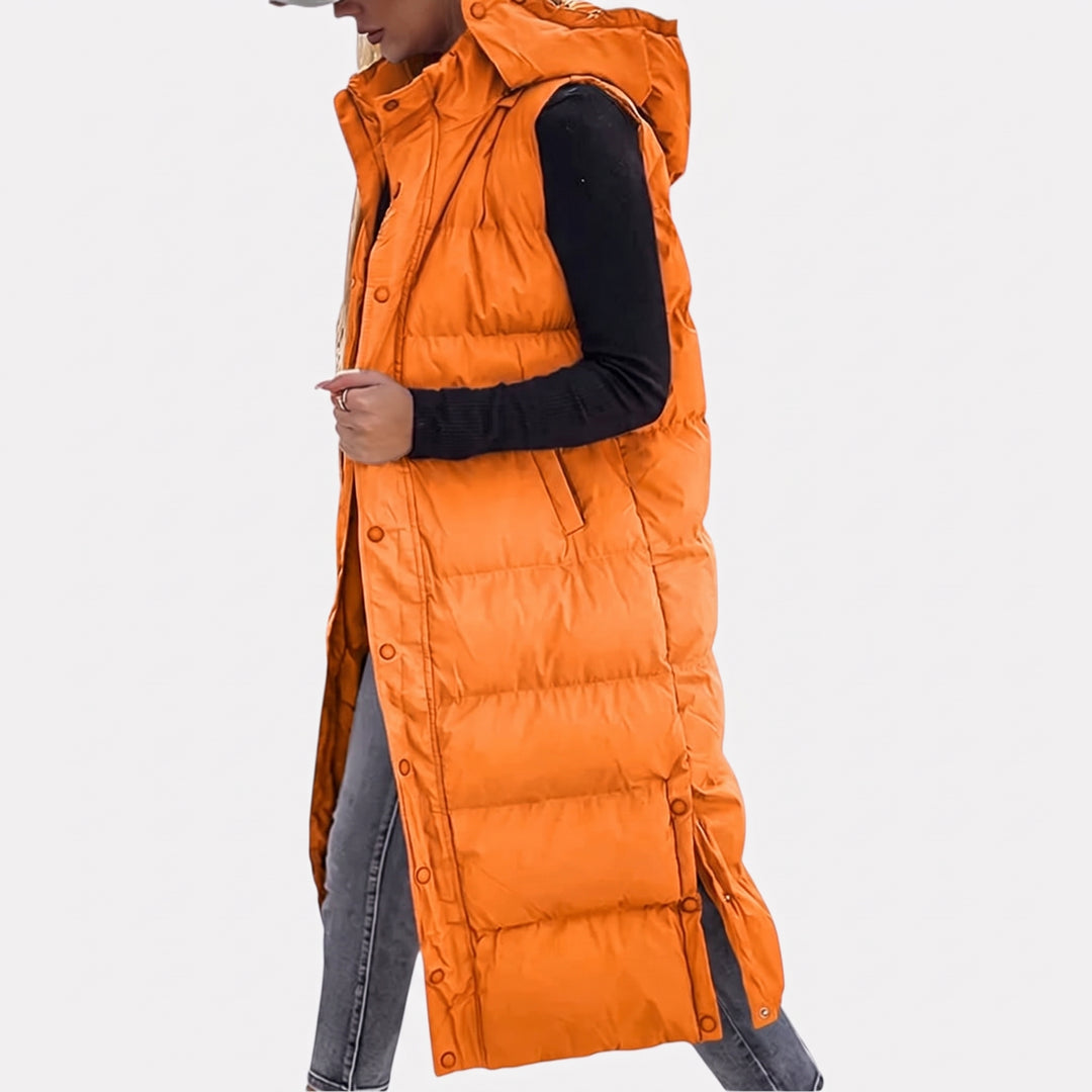Doudoune sans manches longue femme à capuche, matelassée pour l’hiver, coloris orange